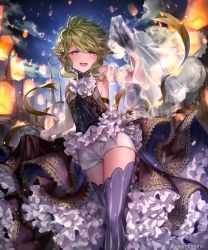 Rule 34 | 1girl, :d, black gloves, blue thighhighs, breasts, gloves, green hair, grey gloves, holding, irua, looking at viewer, open mouth, outdoors, pointy ears, purple eyes, see-through, shingeki no bahamut, short hair with long locks, short shorts, shorts, sideboob, sidelocks, sleeveless, small breasts, smile, solo, standing, thighhighs, white shorts, zettai ryouiki