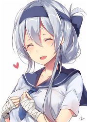 Rule 34 | 1girl, ^ ^, blue eyes, blue necktie, blush, breasts, closed eyes, collarbone, facing viewer, folded ponytail, hair between eyes, headband, heart, highres, kamoi (kancolle), kantai collection, large breasts, long hair, necktie, open mouth, sailor collar, school uniform, shirt, short sleeves, sidelocks, silver hair, simple background, solo, thick eyebrows, upper body, white background, wrist wrap, zhi zhi/zu zu