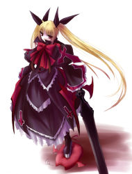 Rule 34 | 1girl, arc system works, blazblue, blonde hair, bow, gii, long hair, rachel alucard, red bow, ribbon, solo, sword, syarute, trample, twintails, very long hair, weapon
