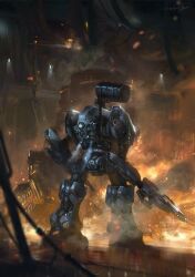 Rule 34 | armored core, armored core 6, artist name, embers, fire, from behind, full body, gun, highres, holding, holding gun, holding weapon, indoors, loader 4, mecha, mecha focus, miso katsu, missile pod, no humans, rifle, robot, science fiction, standing, weapon