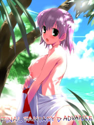 Rule 34 | 1990s (style), 1girl, beach, breasts, breasts squeezed together, copyright name, day, final fantasy, final fantasy v, green eyes, hima, huge breasts, large breasts, lenna charlotte tycoon, nipples, outdoors, pink hair, retro artstyle, solo, topfreedom, topless, water, white mage (final fantasy)