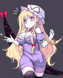 Rule 34 | 1girl, bad id, bad pixiv id, black thighhighs, blonde hair, blush, bow, bracelet, breasts, choker, cleavage, cowboy shot, dress, earrings, elbow gloves, gap (touhou), gloves, grey background, hair between eyes, hair bow, hands up, hat, hat ribbon, hip focus, impossible clothes, impossible dress, jewelry, large breasts, long hair, looking at viewer, medium breasts, mob cap, navel, purple dress, purple eyes, ribbon, ribbon choker, short sleeves, sidelocks, simple background, solo, sparkle, sseopik, star (symbol), symbol-shaped pupils, thighhighs, thighs, tight clothes, tight dress, touhou, v, very long hair, yakumo yukari, zettai ryouiki