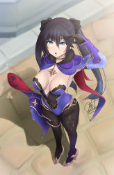Rule 34 | 1girl, black gloves, black hair, blue cape, blue hat, blue leotard, bodystocking, breasts, brown pantyhose, cape, choker, cleavage, covered navel, detached sleeves, earrings, elbow gloves, full body, fur collar, genshin impact, gloves, gold trim, green eyes, hat, high heels, highleg, highleg leotard, jewelry, kirisaki byakko, large breasts, leotard, long hair, looking at viewer, mona (genshin impact), open mouth, pantyhose, solo, star (symbol), star earrings, thighlet, twintails, witch hat