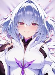Rule 34 | 1girl, black sleeves, breasts, bridal gauntlets, fate/grand order, fate/prototype, fate (series), highres, large breasts, licking lips, long hair, long sleeves, looking at viewer, m-da s-tarou, merlin (fate/prototype), petals, pointy ears, purple eyes, robe, smile, solo, tongue, tongue out, very long hair, white hair, white robe, wide sleeves