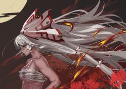 Rule 34 | 1girl, absurdres, bare arms, bow, breasts, chest sarashi, commentary request, fire, flower, fujiwara no mokou, full moon, hair bow, highres, long hair, medium breasts, moon, muscular, muscular female, night, night sky, profile, red eyes, sarashi, silver hair, sky, solo, spider lily, touhou, upper body, very long hair, white bow, zuidai