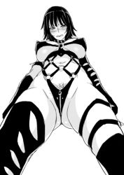 Rule 34 | 1girl, ass, blush, bondage outfit, breasts, clenched teeth, cosplay, covered erect nipples, elbow gloves, embarrassed, female pubic hair, from below, fubuki (one-punch man), gloves, greyscale, kaijin hime do-s (cosplay), large breasts, looking at viewer, monochrome, navel, one-punch man, pubic hair, pubic hair peek, smile, solo, tawashi1623, teeth, thighhighs, underboob, white background