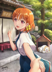 Rule 34 | 1girl, :d, ahoge, artist name, bow, braid, dated, day, dog, doghouse, dress, female focus, hair bow, highres, holding hands, index finger raised, looking at viewer, love live!, love live! sunshine!!, noren, open mouth, orange hair, outdoors, pinafore dress, pov, pov hands, red eyes, shamakho, shiitake (love live! sunshine!!), shirt, short hair, short sleeves, side braid, sleeveless dress, smile, solo focus, takami chika, tree, white shirt, yellow bow