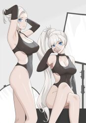 Rule 34 | 2girls, arms up, black one-piece swimsuit, blue eyes, breasts, cleavage, closed mouth, covered navel, covering own mouth, crossed legs, earrings, elbow gloves, fingerless gloves, gloves, hair ornament, hand over own mouth, high side ponytail, highleg, highleg swimsuit, highres, jewelry, large breasts, long hair, looking at viewer, medium breasts, multiple girls, one-piece swimsuit, rwby, scar, scar across eye, siblings, sisters, sitting, standing, swimsuit, thighs, tiara, tying hair, very long hair, wangxiii, weiss schnee, winter schnee