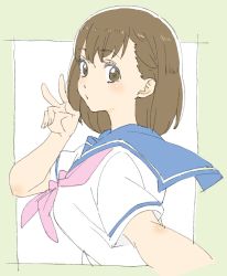 Rule 34 | 1girl, absurdres, bad id, bad twitter id, blue sailor collar, brown eyes, brown hair, donguri suzume, from side, hand up, highres, looking at viewer, looking to the side, neckerchief, reaching, reaching towards viewer, red neckerchief, sailor collar, school uniform, selfie, serafuku, shirt, short hair, short sleeves, solo, upper body, v, white shirt