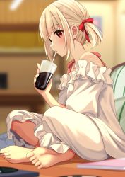 Rule 34 | 1girl, barefoot, blonde hair, blurry, blurry background, bow, depth of field, drink, drinking, drinking straw, drinking straw in mouth, feet, frills, from side, hair bow, highres, ice, ice cube, indian style, lycoris recoil, nishikigi chisato, pajamas, pants, profile, puffy sleeves, red bow, red eyes, shirt, short twintails, sitting, sleepwear, soles, solo, syurimp, toes, twintails, white pants, white shirt