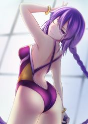 Rule 34 | 1girl, ;), absurdres, arm up, ass, backless swimsuit, bare arms, bracelet, braid, braided ponytail, competition swimsuit, from behind, hair between eyes, head tilt, highres, hisato nago, jewelry, long hair, looking at viewer, melty blood, one-piece swimsuit, one eye closed, ponytail, purple eyes, purple hair, purple one-piece swimsuit, shoulder blades, sion eltnam atlasia, smile, solo, swimsuit, tsukihime, very long hair