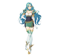 Rule 34 | 1girl, aqua hair, armor, bare shoulders, braid, breastplate, breasts, chloe (fire emblem), cleavage, covered navel, elbow gloves, female focus, fire emblem, fire emblem engage, fire emblem heroes, full body, garter straps, gloves, green eyes, kainown, large breasts, long hair, nintendo, official art, pegasus knight uniform (fire emblem), shoulder armor, side braid, single braid, skin tight, smile, solo, very long hair, white gloves