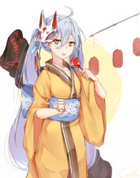 Rule 34 | 1girl, absurdres, ahoge, artist name, bell, black cola, candy apple, cowboy shot, food, fox mask, girls&#039; frontline, grey hair, hair bell, hair between eyes, hair ornament, hand up, highres, holding, holding food, japanese clothes, jingle bell, kimono, lantern, long hair, looking at viewer, mask, mask on head, obi, official alternate costume, paper lantern, pkp (flower and water) (girls&#039; frontline), pkp (girls&#039; frontline), saliva, saliva trail, sash, signature, solo, tongue, tongue out, very long hair, yellow eyes, yellow kimono, yukata