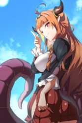Rule 34 | 1girl, ahoge, ass, blonde hair, blue sky, breasts, dragon girl, dragon horns, highres, hololive, horns, kiryu coco, kiryu coco (1st costume), large breasts, long hair, looking at viewer, multicolored hair, orange hair, outdoors, piiko (aa doushiyou), pointy ears, red eyes, sky, smile, solo, streaked hair, tail, virtual youtuber