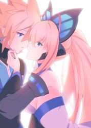 Rule 34 | 1boy, 1girl, antenna hair, azure striker gunvolt, bare shoulders, black sleeves, blonde hair, blue eyes, breasts, butterfly hair ornament, commentary request, couple, detached sleeves, dress, from side, gunvolt, hair ornament, hetero, high ponytail, highres, imminent kiss, lololotton, long hair, long sleeves, looking at another, lumen (gunvolt), medium breasts, multicolored hair, pink hair, simple background, spiked hair, strapless, strapless dress, two-tone hair, white background, white dress, wide sleeves