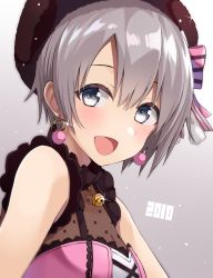 Rule 34 | 1girl, 2018, :d, bad id, bad pixiv id, bare shoulders, bell, beret, blush, bow, brown hat, commentary request, earrings, glint, gomashi (goma), gradient background, grey background, grey eyes, grey hair, hair between eyes, hair bow, hat, heart, heart earrings, highres, idolmaster, idolmaster cinderella girls, idolmaster cinderella girls starlight stage, jewelry, jingle bell, looking at viewer, looking to the side, open mouth, otokura yuuki, pink bow, pink shirt, polka dot, see-through, shirt, sleeveless, sleeveless shirt, smile, solo, striped, striped bow, white background