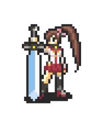 Rule 34 | 10s, 1girl, brown hair, crossover, fire emblem, kantai collection, long hair, lowres, lyn (fire emblem), nintendo, pixel art, ponytail, rw, simple background, skirt, solo, sword, very long hair, weapon, yamato (kancolle)