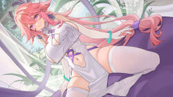 Rule 34 | 1girl, alternate costume, animal ears, blush, breasts, catsmoon, closed mouth, elbow gloves, fox ears, genshin impact, gloves, hair ornament, highres, large breasts, long hair, looking at viewer, navel, no panties, pelvic curtain, pink hair, purple eyes, sideboob, skindentation, smile, solo, thighhighs, thighs, white gloves, white thighhighs, yae miko