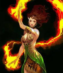 Rule 34 | 1girl, artist request, bare shoulders, black background, breasts, brown eyes, brown hair, chaos online, earrings, fire, jewelry, kali (chaos online), long hair, looking at viewer, official art, solo