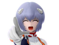 Rule 34 | 1girl, ayanami rei, blue hair, closed eyes, laughing, neon genesis evangelion, open mouth, out of character, plugsuit, pointing, pointing at viewer, short hair, siraha, smile, solo