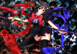 Rule 34 | 1girl, black hair, bow, female focus, frills, fule, houjuu nue, long hair, outstretched arms, pleated skirt, red eyes, skirt, snake, solo, thighhighs, touhou, weapon