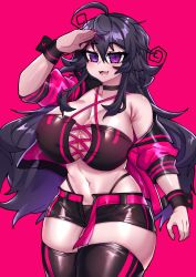 Rule 34 | 1girl, :3, absurdres, ahoge, belt, bikini, black bikini, black hair, black thighhighs, blush, breasts, cleavage, cleavage cutout, clothing cutout, collar, cowboy shot, crawling dreams, cropped legs, curvy, fang, gloves, highres, huge breasts, jacket, long hair, looking at viewer, messy hair, nail polish, navel, nyarla (osiimi), off shoulder, open fly, open mouth, osiimi, panties, pink belt, pink jacket, pink nails, purple eyes, purple hair, salute, short shorts, shorts, smile, solo, striped clothes, striped thighhighs, swimsuit, tail, thick thighs, thighhighs, thighs, underwear, wide hips, zettai ryouiki