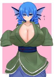 Rule 34 | 1girl, :t, absurdres, blue eyes, blue hair, blush, breasts, cleavage, closed mouth, collarbone, drill hair, fins, floppy sleeves, hair between eyes, head fins, highres, huge breasts, japanese clothes, kimono, looking at viewer, mermaid, monster girl, obi, pink background, pout, sash, short hair, simple background, solo, touhou, twin drills, wakasagihime, we (bose-f), wide sleeves
