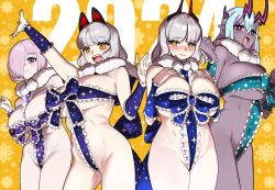 Rule 34 | 2024, 3:, 4girls, :d, aqua hair, arm up, bare shoulders, blush, breasts, carmilla (fate), character request, closed mouth, covered navel, cow, dark-skinned female, dark skin, embarrassed, fate/grand order, fate (series), frills, fur collar, grey hair, hair over one eye, hands on own chest, highres, horns, huge breasts, ibuki douji (fate), large breasts, long hair, looking at viewer, mash kyrielight, monkey jon, multicolored hair, multiple girls, open mouth, orange eyes, patterned background, pink hair, pointy ears, pom pom (clothes), purple eyes, purple hair, red eyes, revealing clothes, shirt, smile, sparkle print, teeth, two-tone hair, upper teeth only, yellow background