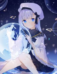 Rule 34 | 1girl, ban (one ban7241), black bow, black skirt, blue eyes, blue theme, bow, bowtie, closed mouth, copyright request, feet out of frame, globe, hat, hat bow, highres, holding, long hair, looking at viewer, musical note, pleated skirt, sitting, skirt, sky, solo, star (sky), starry sky, white hat, wide sleeves