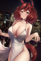 Rule 34 | 1girl, animal ears, bare shoulders, blush, breasts, brown eyes, choker, cityscape, cleavage, closed mouth, collarbone, cowboy shot, dress, evening gown, highres, horse ears, horse girl, horse tail, jewelry, kannko bokujou, large breasts, looking at viewer, medium hair, nice nature (umamusume), red hair, ring, smile, tail, thighs, umamusume