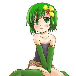 Rule 34 | 1990s (style), 1girl, aged down, bare shoulders, blush, boots, detached sleeves, female focus, final fantasy, final fantasy iv, flat chest, green eyes, green footwear, green hair, matching hair/eyes, panties, retro artstyle, rydia (ff4), simple background, solo, striped clothes, striped panties, underwear