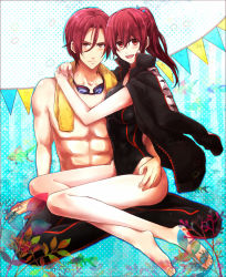 Rule 34 | 10s, 1boy, 1girl, barefoot, black male swimwear, black one-piece swimsuit, brother and sister, competition swimsuit, free!, goggles, goggles around neck, hetero, hug, imouma, jacket, jammers, legskin, long hair, male swimwear, matsuoka gou, matsuoka rin, one-piece swimsuit, ponytail, red eyes, red hair, short hair, siblings, swimsuit, towel, track jacket