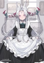 Rule 34 | 1girl, absurdres, animal ear fluff, animal ears, apron, black dress, blue bow, bow, closed mouth, colored eyelashes, commentary request, commission, dress, facial mark, forehead mark, frilled apron, frilled dress, frills, highres, horns, huge filesize, izayoi cha, juliet sleeves, long hair, long sleeves, maid, maid apron, original, parted bangs, picture frame, pink eyes, pixiv commission, puffy sleeves, signature, silver hair, skirt hold, solo, very long hair, white apron