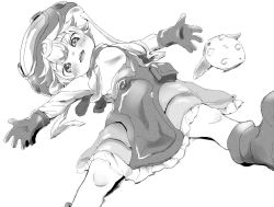 Rule 34 | 1girl, blush, breasts, dress, female focus, gloves, greyscale, hat, highres, looking at viewer, made in abyss, meinya (made in abyss), monochrome, nposui, open mouth, outstretched arms, prushka, solo, spread arms