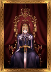 Rule 34 | 1girl, ahoge, arkray, armor, artoria pendragon (all), artoria pendragon (fate), bad id, bad pixiv id, blonde hair, cape, crown, excalibur (fate/stay night), fate/stay night, fate (series), framed, gauntlets, green eyes, hands on hilt, highres, painting (object), planted, planted sword, planted weapon, saber (fate), sitting, solo, sword, throne, weapon