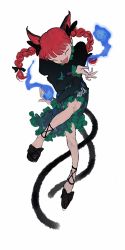 Rule 34 | 1girl, animal ears, artist request, bad id, bad twitter id, black bow, black footwear, bow, braid, cat ears, cat tail, closed eyes, dress, frilled dress, frills, green dress, highres, hitodama, kaenbyou rin, long sleeves, multiple tails, nekomata, open mouth, red hair, skull, smile, tail, touhou, twin braids, white background