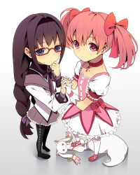 Rule 34 | 2girls, :3, akemi homura, black hair, blush, bow, choker, collarbone, commentary request, frilled skirt, frills, from above, gloves, hair between eyes, hair intakes, hair ribbon, hairband, holding hands, kaname madoka, kyubey, long braid, long hair, looking at viewer, magical girl, mahou shoujo madoka magica, mahou shoujo madoka magica (anime), multiple girls, pantyhose, pink eyes, pink hair, pleated skirt, purple eyes, red-framed eyewear, red eyes, ribbon, sakuyamochi, short hair, short twintails, skirt, smile, stepped on, twintails, yuri