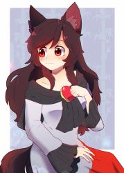 Rule 34 | 1girl, :3, absurdres, animal ears, bamboo, bamboo screen, blush, breasts, brooch, brown hair, collarbone, dress, dungeon toaster, highres, imaizumi kagerou, jewelry, long hair, long sleeves, looking away, medium breasts, off-shoulder dress, off shoulder, red eyes, solo, tail, touhou, white dress, wide sleeves, wolf ears, wolf tail