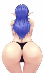 Rule 34 | 1girl, ass, back, bent over, black panties, blue hair, cowboy shot, curvy, elf, female focus, foreshortening, from behind, hip focus, huge ass, long hair, nofuture, original, panties, partially visible vulva, pointy ears, simple background, solo, thighs, thong, topless, underwear, white background, wide hips