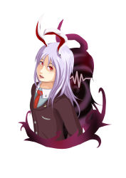 Rule 34 | 1girl, absurdres, animal ears, blazer, crescent, crescent pin, flat chest, highres, jacket, lips, long hair, looking at viewer, necktie, open mouth, pocket, purple eyes, purple theme, rabbit ears, red eyes, red necktie, reisen udongein inaba, shaded face, silhouette, simple background, solo, teeth, torinosukei, touhou, upper body, waveform, white background