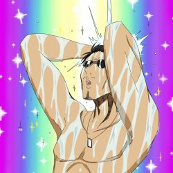 Rule 34 | 10s, 1boy, admiral (kancolle), armpits, arms behind head, birii, brown hair, dog tags, facial hair, glasses, kantai collection, male focus, multicolored background, muscular, mustache, open mouth, shadow, short hair, showering, sketch, solo, sparkle, stubble, sunglasses, topless male, upper body, washing hair, wet