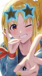 Rule 34 | 1girl, black nails, blonde hair, blue jacket, bocchi the rock!, collarbone, double v, fingernails, grin, highres, ijichi nijika, jacket, looking at viewer, one eye closed, one side up, open clothes, open jacket, red eyes, seisyuntarotto, simple background, smile, solo, star-shaped eyewear, star (symbol), upper body, v, white background, yellow nails