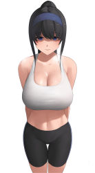 Rule 34 | 1girl, alternate costume, arms behind back, bare shoulders, bike shorts, black hair, black shorts, blue eyes, blue hairband, breasts, cleavage, closed mouth, collarbone, feet out of frame, hairband, highres, idolmaster, idolmaster cinderella girls, large breasts, long hair, looking at viewer, navel, ponytail, sagisawa fumika, senju (snz0), shaded face, shorts, sidelocks, smile, solo, sports bra, standing, steaming body, stomach, sweat, thigh gap, toned