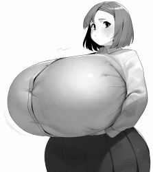 Rule 34 | 1girl, blush, breasts, bursting breasts, closed mouth, gigantic breasts, greyscale, long sleeves, looking at viewer, monochrome, namagaki, original, pleated skirt, plump, school uniform, short hair, simple background, skirt, solo, standing, sweatdrop, white background, wide hips