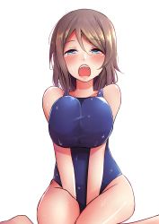 Rule 34 | 10s, 1girl, arms between legs, barefoot, blue eyes, blush, breasts squeezed together, breasts, grey hair, half-closed eyes, highres, large breasts, long hair, looking at viewer, love live!, love live! sunshine!!, mistynight, one-piece swimsuit, open mouth, simple background, solo, swimsuit, watanabe you, wet, white background