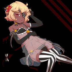 Rule 34 | 1boy, androgynous, blonde hair, bulge, chemise, chestnut mouth, dark-skinned male, dark skin, demon tail, elbow gloves, eyepatch, gloves, heart, heart-shaped pupils, highres, male focus, navel, omiya (louise-louis-lucille), original, panties, pointy ears, red eyes, see-through, strap slip, striped clothes, striped thighhighs, symbol-shaped pupils, tail, thighhighs, trap, underwear, vertical-striped clothes, vertical-striped thighhighs, very dark skin