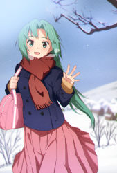 Rule 34 | 1girl, :d, bag, blue coat, blurry, blurry background, blush, coat, day, floating hair, green eyes, green hair, gulim, hair intakes, highres, higurashi no naku koro ni, holding, holding bag, long hair, long sleeves, looking at viewer, medium skirt, open mouth, outdoors, pink skirt, pleated skirt, red scarf, scarf, skirt, smile, snow, solo, sonozaki mion, sweater, very long hair, yellow sweater