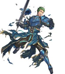Rule 34 | 1boy, armor, armored boots, blue eyes, boots, broken, broken armor, broken sword, broken weapon, fire emblem, fire emblem: mystery of the emblem, fire emblem heroes, full body, gloves, green hair, highres, holding, holding weapon, looking away, luke (fire emblem), male focus, nintendo, official art, pants, pauldrons, shoulder armor, solo, sword, torn clothes, transparent background, weapon