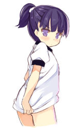 Rule 34 | 1girl, blush, closed mouth, covering privates, covering ass, cowboy shot, from behind, gym shirt, hair tie, high ponytail, jitome, kurasuke, looking at viewer, looking back, original, purple eyes, purple hair, shirt, shirt tug, short sleeves, simple background, sketch, solo, white background, white shirt