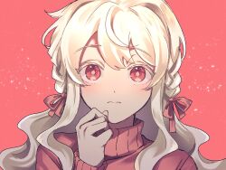 Rule 34 | 1girl, braid, closed mouth, colored eyelashes, commentary, expressionless, hair over shoulder, hair ribbon, hand up, highres, kagerou project, kozakura marry, long hair, long sleeves, looking at viewer, mekakucity actors, mokemoke chan, pink background, pink eyes, pink ribbon, pink sweater, ribbon, sparkle background, sweater, turtleneck, turtleneck sweater, twin braids, upper body, wavy hair, wavy mouth, white hair